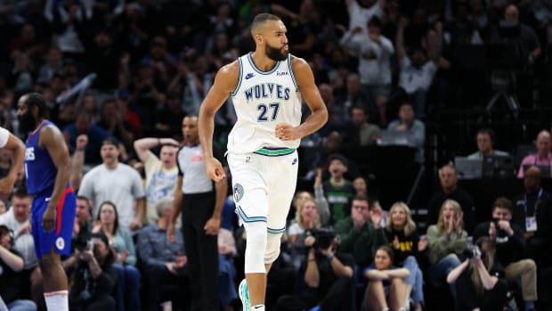 Mar 3, 2024; Minneapolis, Minnesota, USA; Minnesota Timberwolves center Rudy Gobert (27) reacts to his shot against the LA Clippers during the second half at Target Center. Mandatory Credit: Matt Krohn-USA TODAY Sports